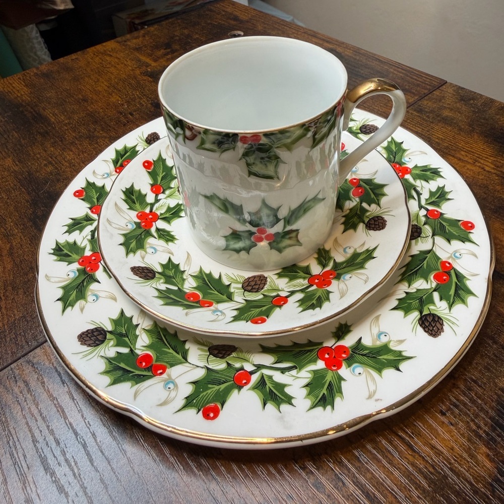 Royal Grafton bone china teacup and saucer set in the "Noel" pattern.